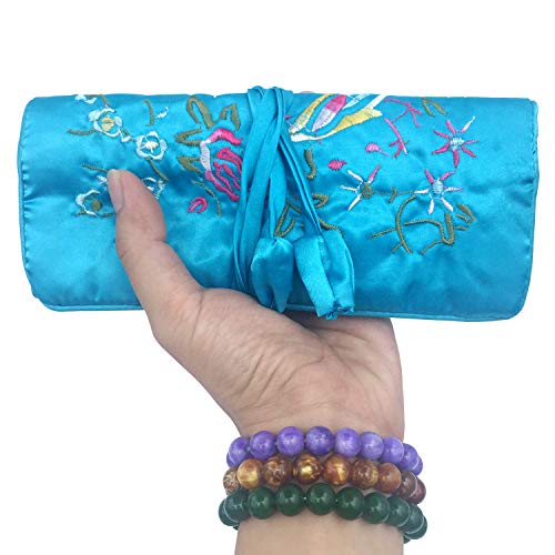 Gold Fortune Travel Jewelry Silk Embroidery Brocade Roll Bags Organizer Case With Tie Close (Sky Blue) #TOP23