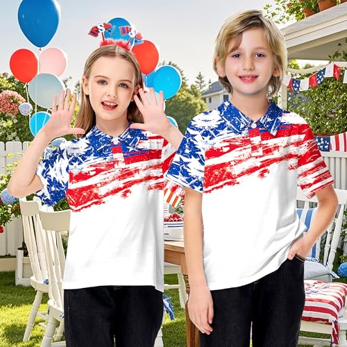 Image of AOBUTE Kids 4th of July Polo American Flag Short Sleeve Button Down Shirts Tops 3-14 Years