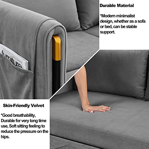54" Pull Out Couch For Living Room, Convertible Sofa Bed With 2 Detachable Arm Pockets And Velvet Loveseat Multi-Position Adjustable Sofa With Bedhead And 2 Pillows For Bedroom, Movie Room - Grey #TOP3