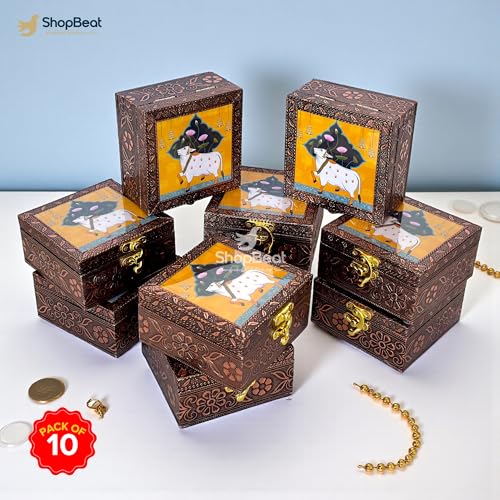 Image of Handcrafted Wooden Jewellery Box with Copper Finish (4 x 4 in) Pack of 10 | Copper finish Oxidized Pichwai Cow Design| Decorative Organizer for Women | Wedding Festive Gifting | Marigold Gold