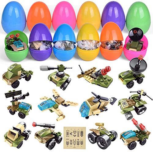 12 Pack Easter Eggs Prefilled with Vehicle Building Blocks, Military Buidling Toys for Easter Eggs Hunt, Easter Party Favors for Kids, Easter Basket Stuffers, Easter Gift Classroom Prizes