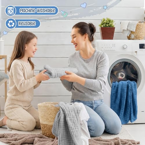 Image of Breling 6 Pcs Muslin Hooded Baby Bath Towel, Hand Towels and Washcloth Set, 36 inchx 36 inch Cotton Newborn Bath Towel Cotton Absorbent Blanket Unisex Newborn Gift Essentials for Girl Boy (Blue,Grey)