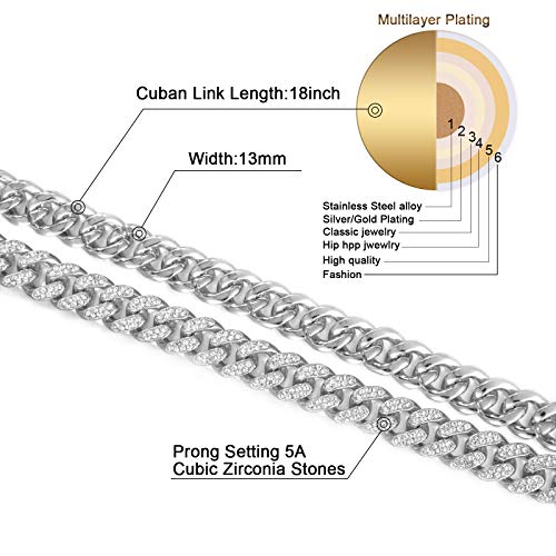 FEEL STYLE Mens Cuban Link Chain Gold Silver Plated Bling Miami Cuban Necklace Chain for Men 13MM Iced Out Hip Hop Jewelry 18-24inch (Silver, 18inch) by FEEL STYLE - Image 3