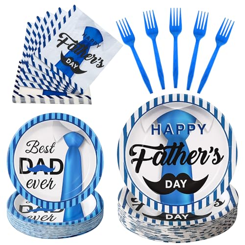 COSINIA 100 Pcs Father's Day Party Supplies for 25 Guests, Heavy-Duty 7' & 9' Paper Plates, 2-Ply 13' Napkins & Plastic Forks, Disposable Tie Theme Tableware Set for Dad BBQ Dinner Party