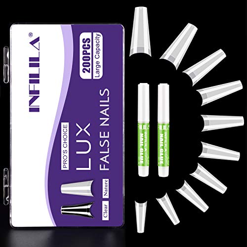 200PCS Coffin Nail Tip With Glue -INFILILA Ballerina Acrylic Nail Tips Half Cover Natural French Nail Tips With Glue10 Sizes False Nails Tips With Case Fake Nail Tips for Nail Salon DIY Nail Art