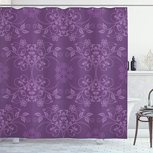 ABAKUHAUS Aubergine Duschvorhang, Anordnung Ornament, Stoffliches Gewebe Badezimmerdekorationsset mit Haken, 175 x 180 cm, Violett
