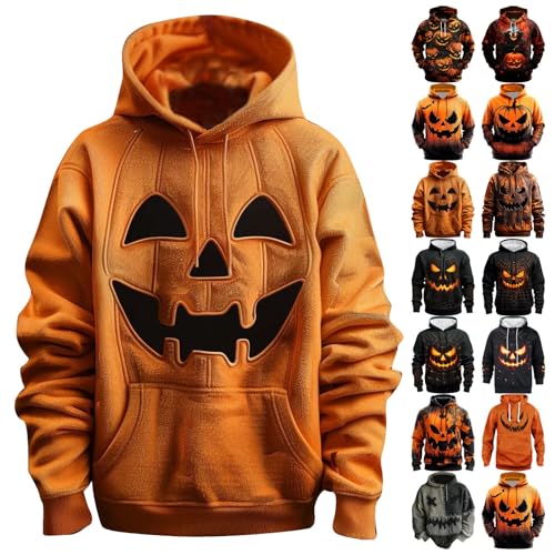 Halloween Hoodies for Men Funny 3D Print Fleece Hooded Sweatshirt Long Sleeve Costumes Fall Winter Pullover Tops with Pocket (#A01-Orange-Pumpkin Face,XXL)