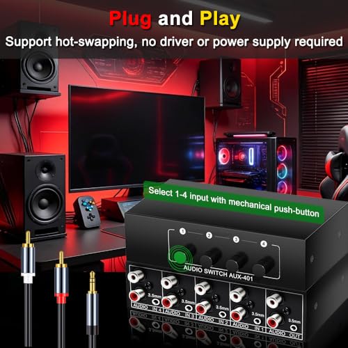 Image of 3.5mm Aux + RCA L /R Bi-Directional Stereo Audio Switch 4 in 1 Out | A /B Analog Audio Switcher Selector Box for DVD /CD Player, Gaming Console, Speaker, Amplifier, Plug and Play