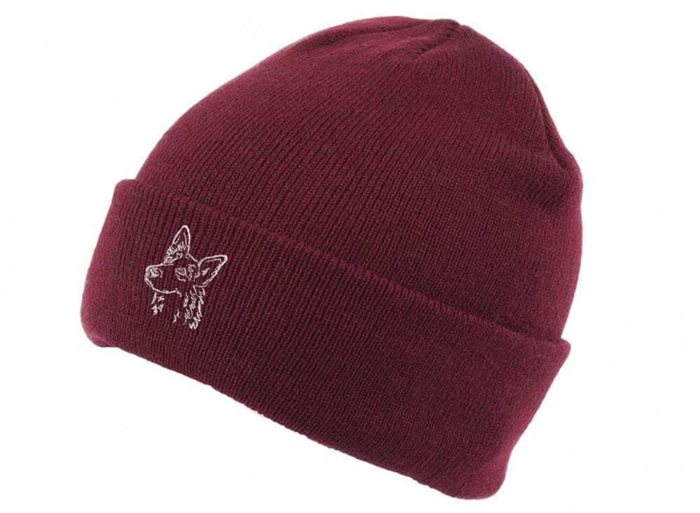 The House Of Dog: German Shepherd Dog Owner Gift. Classic Cuffed Unisex Beanie Ski Hat with Embroidered Design. Burgundy