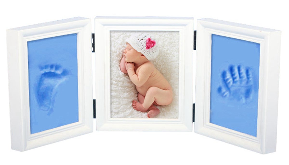 Baby Handprint Kit and Footprint Picture Frame Kit for Children or New Mom Baby Registry Gifts, Keepsake Box for Boys and Girls(Off White, Blue)