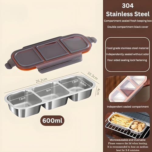 Image of Motka Premium 600 ml 3-Compartment Bento Lunch Box | Stainless Steel Slim Compact Tiffin | Leak-Proof Food Container| BPA & Odour-Free| Ideal for Office, Travel & School (Natural-Black Lid)