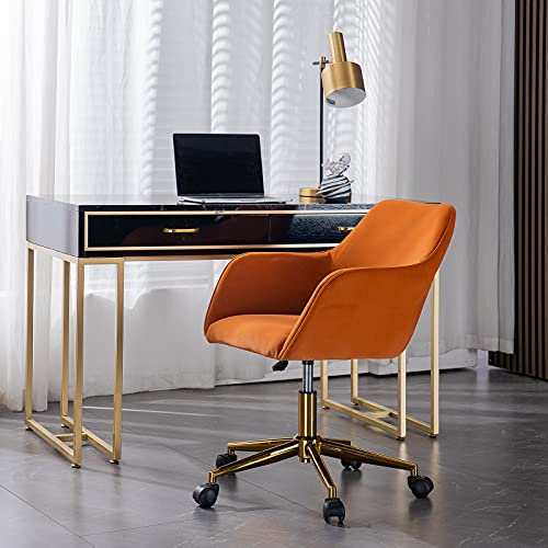 Henf Velvet Office Chair, 360° Swivel Chair Home Desk Chair Tufted Vanity Chair With Elegant Gold Base, Soft Small Task Chair For Kids Student, Living Room Bedroom Furniture (Style10-Orange) #TOP1