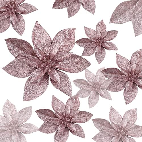 12 Pcs Glitter Christmas Flowers Christmas Poinsettia Flower Decoration Artificial Poinsettia Flower Christmas Tree Flower Decorations Xmas Tree Ornaments Dia 8 Inch/15CM (Rose Gold)