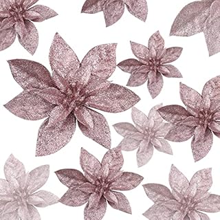 12 Pcs Glitter Christmas Flowers Christmas Poinsettia Flower Decoration Artificial Poinsettia Flower Christmas Tree Flower Decorations Xmas Tree Ornaments Dia 8 Inch/15CM (Rose Gold)
