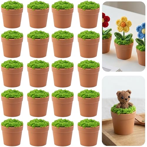 Mizelu 20 Sets Mini Knit Plants DIY Craft Pots Little Plastic Plant Pot for Crochet Knitted Craft Flower Pots for Handmade Gifts on Mothers Valentines Day Home Office Decor (Brown)