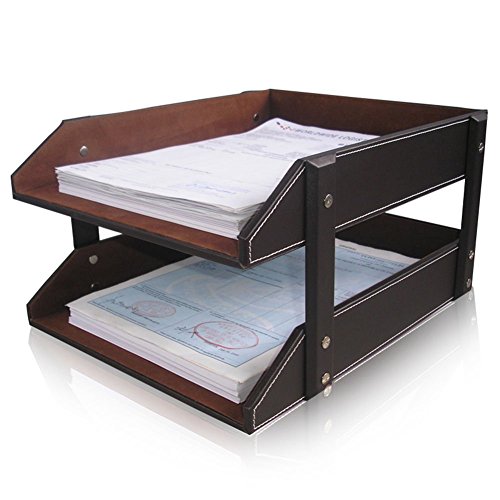 Kingfom Letter Tray, Leather Paper Organizer Tray, Wooden Desk File Holder, Desktop File, Stackable Magazine Holder, Mail Sorter, Great For Home Or Office - 2 Level Brown #TOP1