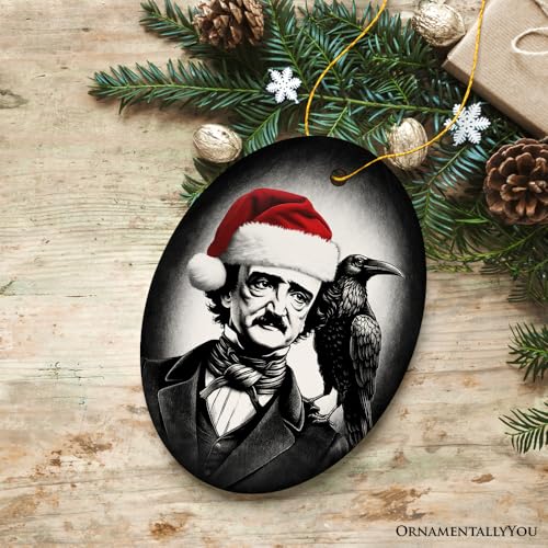 Gothicedgarallanpoewithsantahatandravenornamentspookyhalloweentreechristmasdecoroval Urban Country Home Decor Gothic edgar allan poe with santa hat and raven ornament spooky halloween tree christmas decor oval urban country home decor