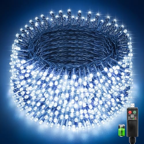 Luces Navidad Exterior, 30+3M 300LED Luces Arbol Navidad Recargables USB con 1800mAh Batería, 8 Modos, 3 Temporizadores, Función de Memoria, IP44 Impermeable Guirnalda Luce Exterior, Blanco Frío