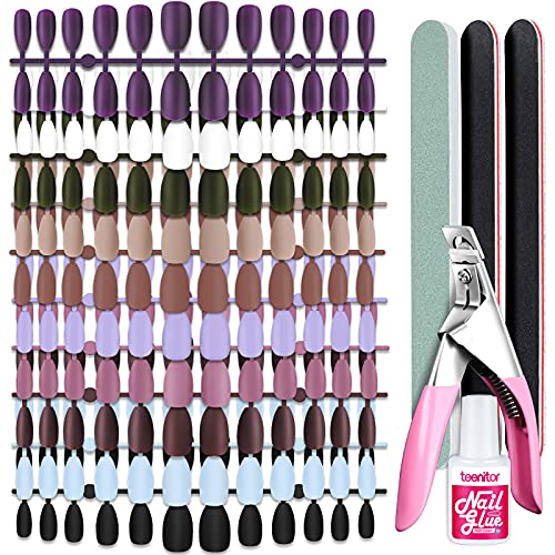 10 Colors Press On Nails, Teenitor Short Medium Length Matte Coffin Acrylic Ballerina Nails Solid Color Fake Nail Tips Set With Nail Glue, Nail Clipper And Nail File
