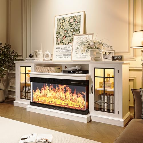 MXV 70'' Fireplace TV Stand, Farmhouse Entertainment Center with 3 Sided Glass TV Stand, Modern Media Console Table with Storage Drawers & Cabinets with LED Flame and Lights for Living Room, White