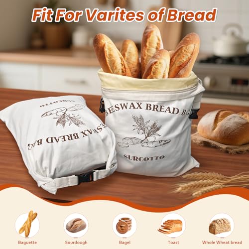 Surcotto Beeswax Bread Bags,2 Pack Sourdough Bread Bag,Reusable,for Homemade Bread,Natural Beeswax-Lined Cotton Food Storage Bags to Keep Fresh,Sourdough Bread Bag for Freezer & Refrigerator — view 4