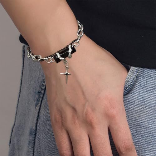 Image of PROBEROS Bracelet for Men Gothic Double Chain Star Charm Link Chain Punk Hip Hop Unisex Style Rock Cool Adjustable Bracelet Gifts for Boyfriend & Husband