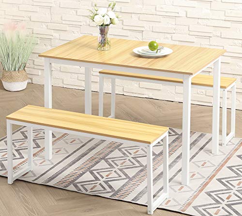 HOMOOI Juego Mesa de Comedor con 2 Bancos Set Conjunto de Salón 2 Sillas Madera para Cocina Casa Sala de Estar Marrone para 4 Personas Roble HDT111004WR Cover