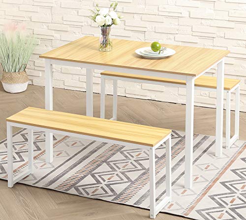 HOMOOI Juego Mesa de Comedor con 2 Bancos Set Conjunto de Salón 2 Sillas Madera para Cocina Casa Sala de Estar Marrone para 4 Personas Roble HDT111004WR