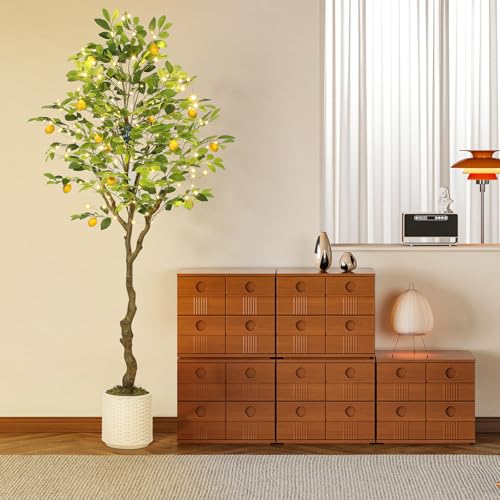 GarveeHome 6FT Artificial Lemon Tree Indoor, Pre Potted Faux Lemon Tree with Realistic Fruit and Lifelike Leaves, Fake Lemom Plant with 100 Lights for Indoor Home Decor Office Living Room