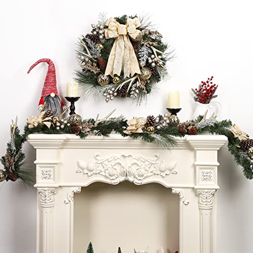 Laxmax Christmas Wreath With Lights, Champagne Gold Theme 24In 20Led Pre-Lit Christmas Wreath With Ribbon, Ball Ornaments, Pine Cones And Artificial Antlers For Door Window Mantle Christmas Decoration #TOP7