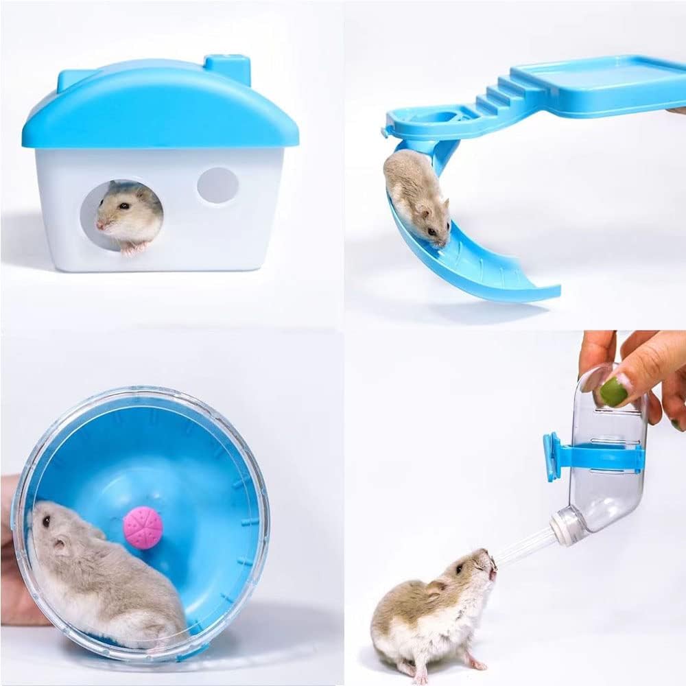 Zhang Ku 2-Tier Portable Travel Cage for Small Animals, Dwarf Hamster Travel Carrier with Carry Handle Exercise Wheel Water Bottle and Food Dish, 6.7 x 11.8 x 9.1 Inch (Blue) (SSS441)