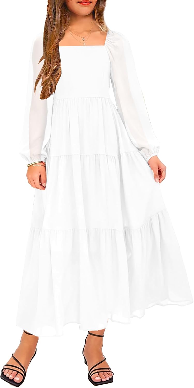 YOVION Girls Fall Long Sleeve Maxi Dress Chiffon A-Line Smocked Tiered Flowy Formal Wedding Guest Dresses for 6-12 Y