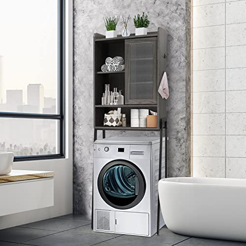 Suntage Over Toilet Storage Cabinet For Bathroom, Over Toilet Shelf Organizer, Freestanding Space Saver With Adjustable Shelves, Wide Open Shelf, Acrylic Sliding Door, Metal Frame, Vintage Grey #TOP3