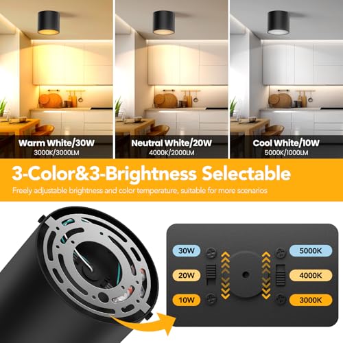 Image of 3-Color&Watt Zoomable Ceiling Spotlight Fixtures, Flush Mount Ceiling Light Fixture Dimmable LED Spot Lights Indoor, 4.72 inch Cylinder Light for Hallway Kitchen Entryway Foyer, 30W Black