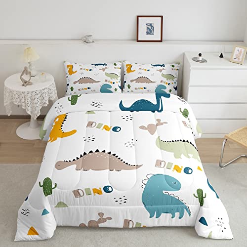 Feelyou Cute Dinosaur Comforter Set Cartoon Cactus Bedding Set Decor Jungle Dino Boho Succulent Comforter Wild Animal Pattern Yellow Grey Duvet Set Bedroom Quilt Set 3Pcs King