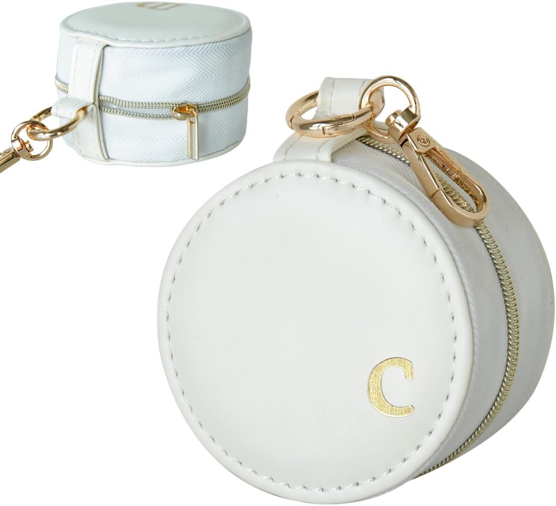 COLLECTIVE HOME - Monogrammed Letter Jewelry Case, Portable Travel Ring Holder Box with Keychain, Personalized Initial Organizer for Earrings Necklaces, Gift for Her (White-c)