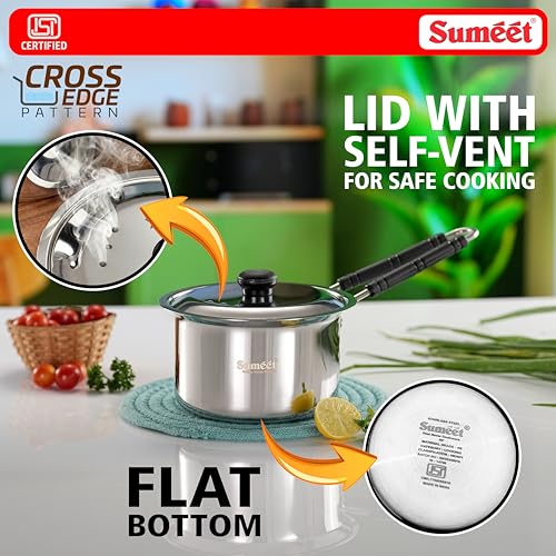 Image of Sumeet ISI Certified HeavyPly Premium Stainless Steel Cross Edge Induction & Gas Stove Friendly Saucepan /Milk Pan /Tea Maker with Lid - 1150ml