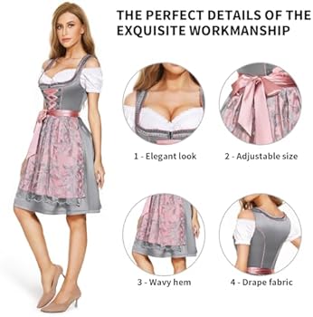 AMZHOTER Dirndl voor dames, midi klederdrachtjurk, klederdrachtmode, klederdrachtrok, jurk incl. dirndlblouse, dirndlschort, 3-delig voor Oktoberfest, bijzondere gelegenheden, grijs, zilver, 54