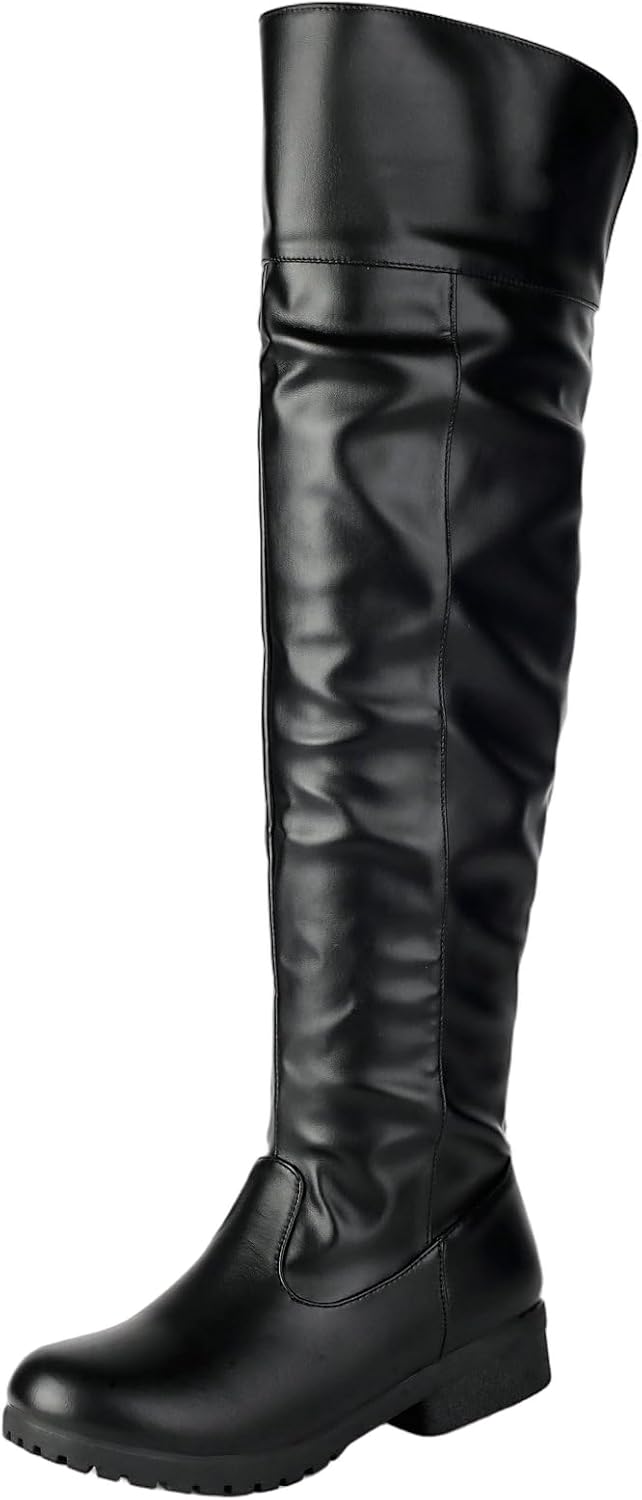 DINTAHA Flat Thigh High Chunky Heel Boots for Women Over The Knee Boots