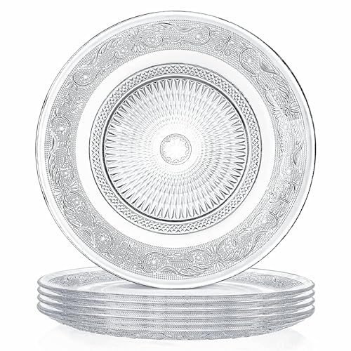 Image of Glass Dinner Plate, 7 Inch Large, Serving Plate Salad Fruit Pasta Snacks Tray Crystal Decoration, Vintage Embossed Dinnerware for Catering Event, Parties, Home B'day Wedding (Set of 6)