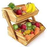CALM COZY Obstkorb Holz 2 Etageren Groß Obstständer aus Kiefernholz für Obst Gemüse Frisch Aufbewahrung Küche Stabil