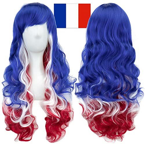 IMISSU Flag Color Design Hair Cosplay Wigs with Bangs Halloween Costume Wig (FR Flag Blue White Red)