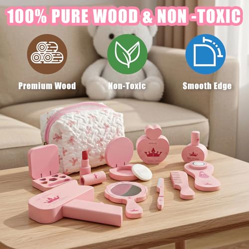Wooden Makeup Toy Set for Girls Pretend Play Makeup Kit with Eyeshadow/ Mascara/ Perfume/ Blush/ Mirror/ Bag Perfect Toddler Montessori Toys Birthday Gift Ideas for Kids Aged 3 4 5 6 7 8 — view 2
