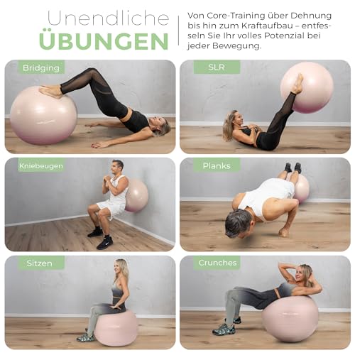 Body & Mind Gymnastikball inkl. Luftpumpe - Anti-Burst Pilates Ball, Pezziball für Schwangerschaft Ergonomischer Sitz als Büro-Stuhl, Sitzball für Yoga, Gymnastik & Workout (Rose, 55 cm)