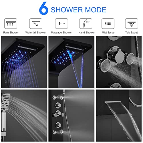 Menatt Led Light Shower Panel Black, Stainless Steel Shower Tower System With Led Rainfall Waterfall Shower Head, Massage Spray, Handheld Shower, Tub Spout #TOP1