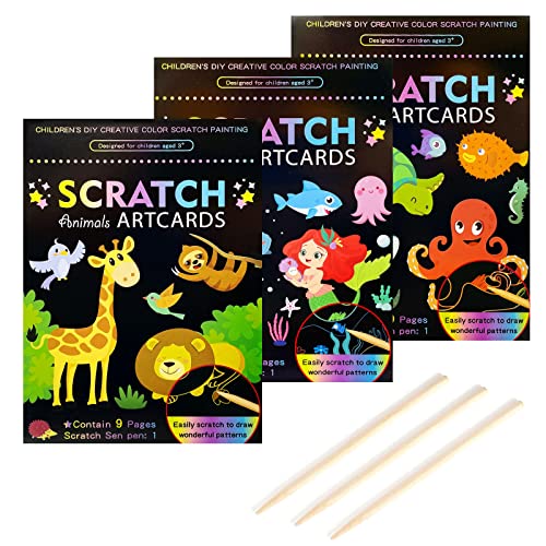 Image of 3Set Scratch Paper Art for Kids, Colorful Magic Drawing Book for Children Girls, Rainbow Scratch Off Craft Painting Book with 3 Scratch Pen for Birthday Party Games, DIY Projects Kits Craft Gifts