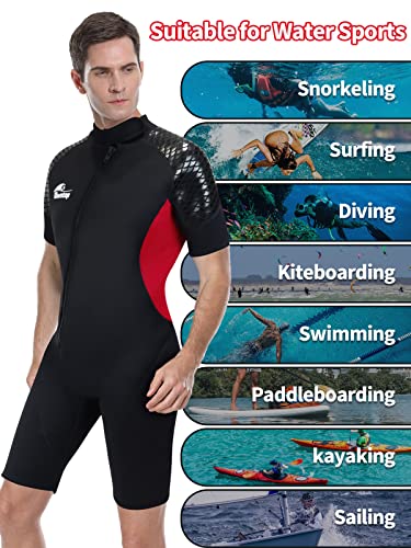 Foto von Owntop Shorty Neoprenanzug für Herren – 3mm Neopren Tauchanzüge Stretch Kurzarm Einteiler Tauchhaut Frontreißverschluss UPF50+ Thermo-Badebekleidung zum Surfen Schwimmen Schnorcheln Wassersport, L