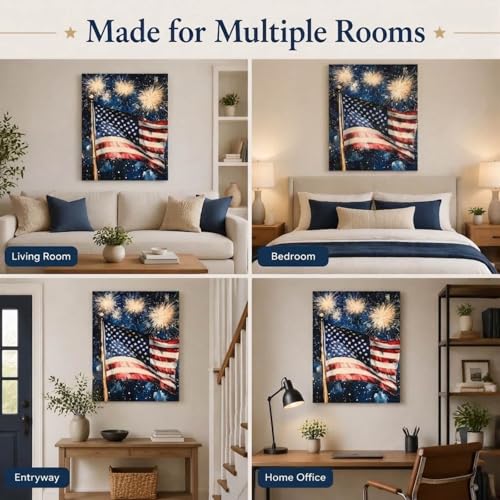 Image of Patriotic Wall Art Decorations, 4th of July American Flag Fireworks Vintage Canvas Print Picture Framed, for Rustic Americana Home Living Room Decor