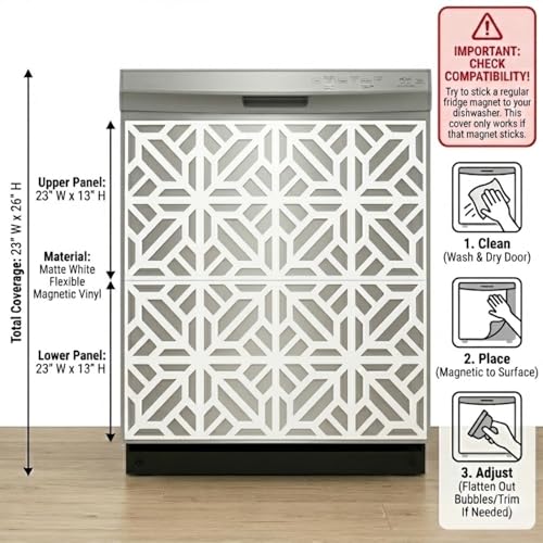 Magnetic Dishwasher Cover 23 x 26 Inch (2-Pack Panels), Matte White Geometric Lattice Design, Flexible Magnetic Vinyl, Scratch Cover, Removable No Tools Kitchen Decor Panel