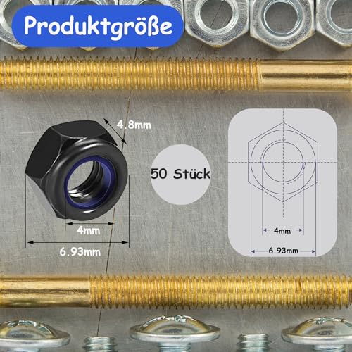 qingmeng Sechskantmuttern M4, 50 Stück Schwarz, Selbstsichernde Muttern, Stoppmutter Sicherungsmuttern, Kontermuttern Set Schraubenmutter Metrisch Gewinde